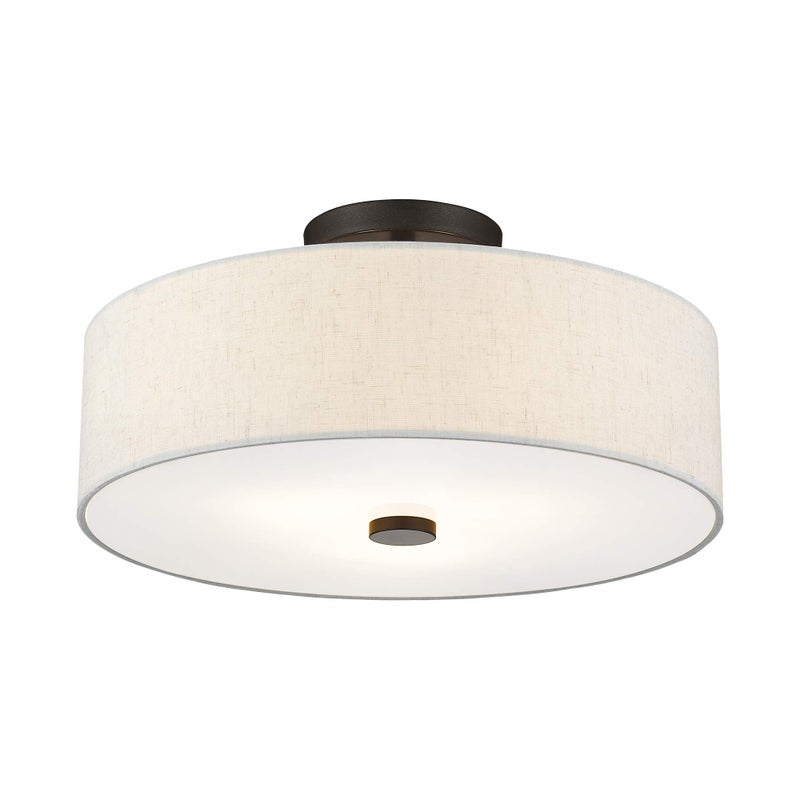 Livex Lighting 52135-92 Meridian Collection 3-Light Semi Flush Mount Ceiling Fixture with Oatmeal Color Fabric Hardback Drum Shade and Satin White Diffuser, English Bronze - Image 5